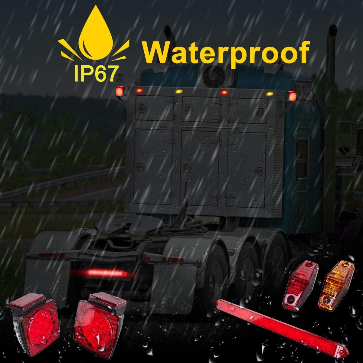 LED Trailer Lights Kit, Submersible Square Stop Turn Tail Lights, Red/Amber Side Marker Lights, 3rd Brake ID Light Bar, Pack of 2 F3310