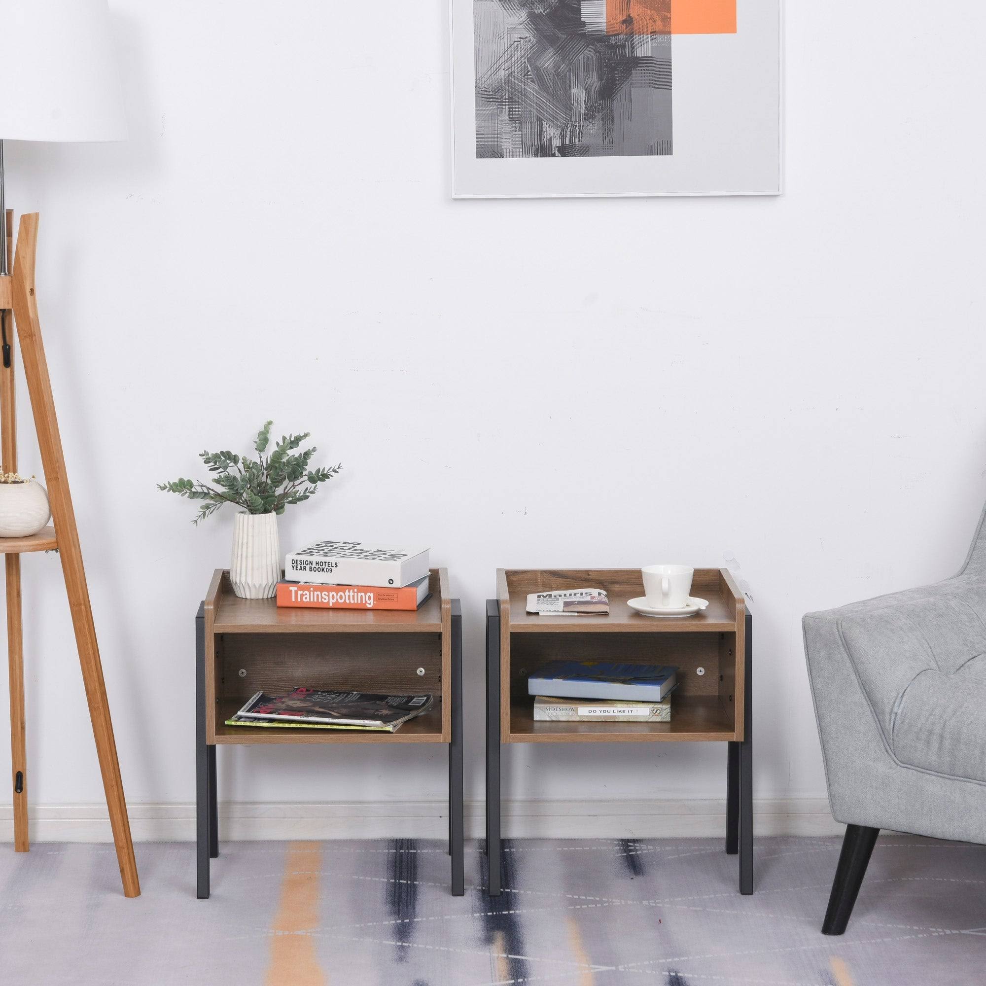 Industrial Set of 2 Stackable Side Tables with Solid Steel Frame Legs, Oak E864463
