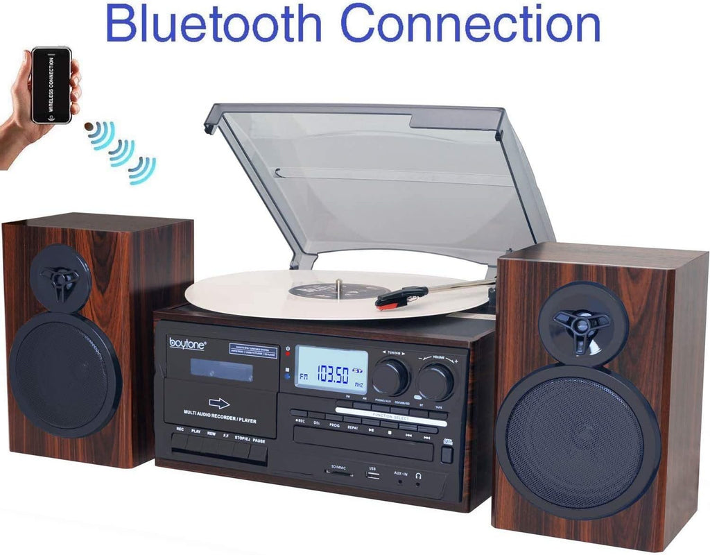 Bluetooth Record Player Turntable with AM/FM Radio, CD / Cassette Player, 2 Stereo Speakers X7001