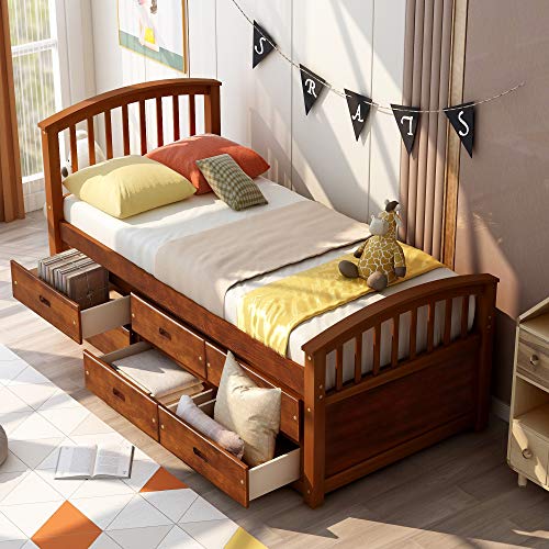 White Solid Wood Twin Platform Bed with 6 Drawers Q3818