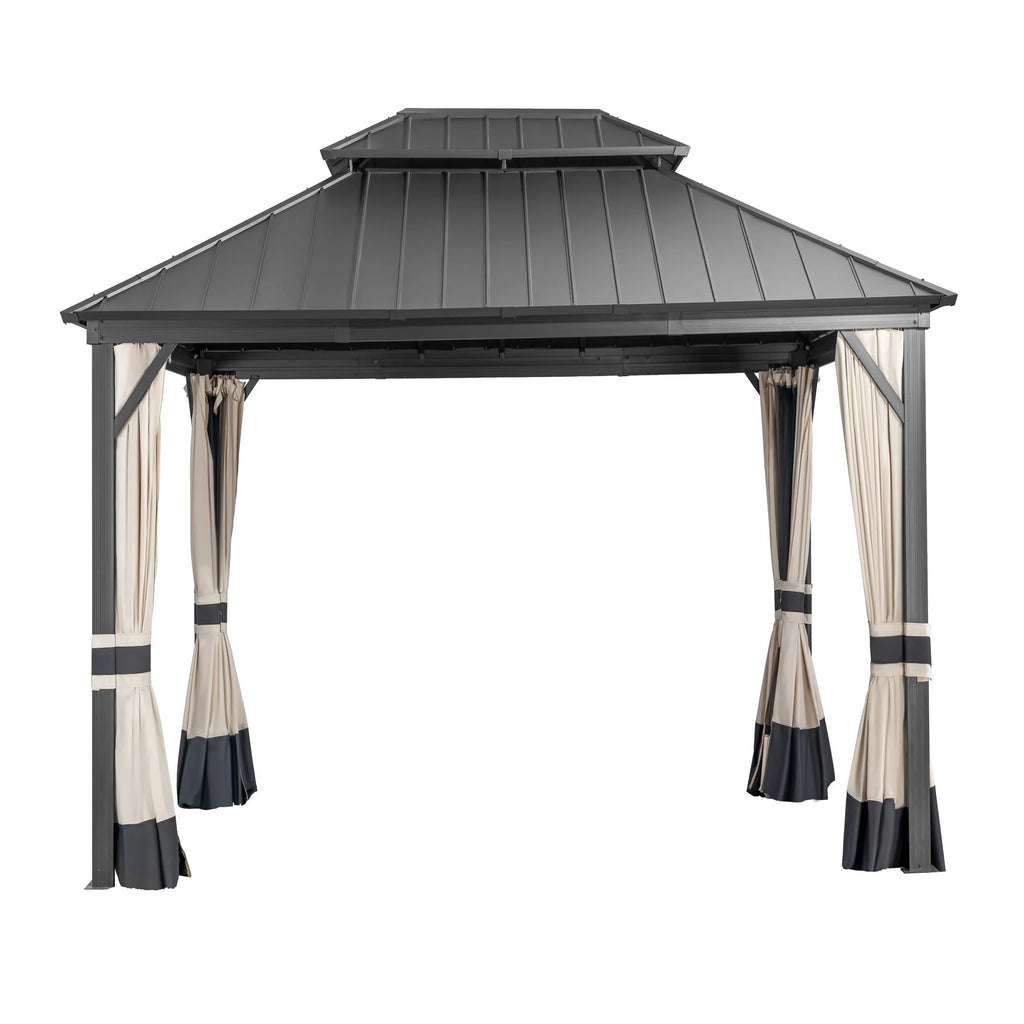 14x12ft Double Galvanized Steel Hard Top Outdoor Gazebo with Netting and Curtains J876714