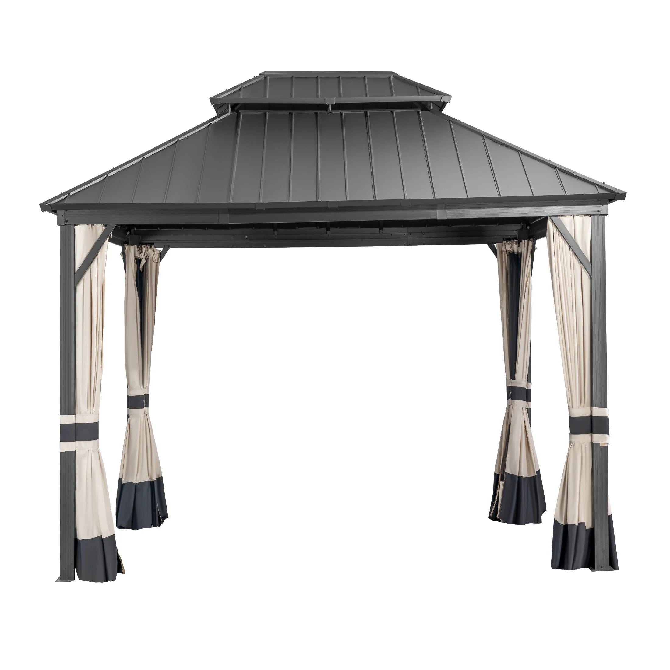14x12ft Double Galvanized Steel Hard Top Outdoor Gazebo with Netting and Curtains J876714