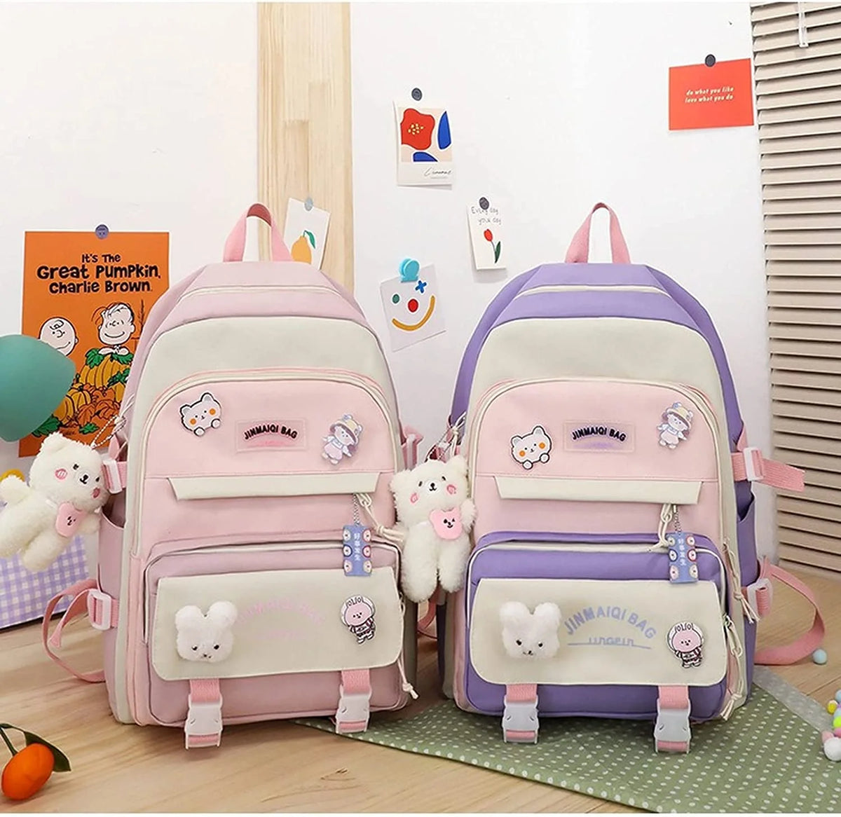 5Pcs Backpacks Combo Set with Bear Pendant & Pins N948