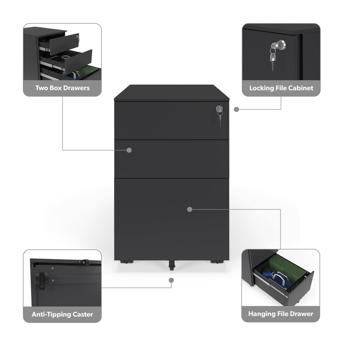 Charcoal Mobile Metal Filing Cabinet Pedestal X1507
