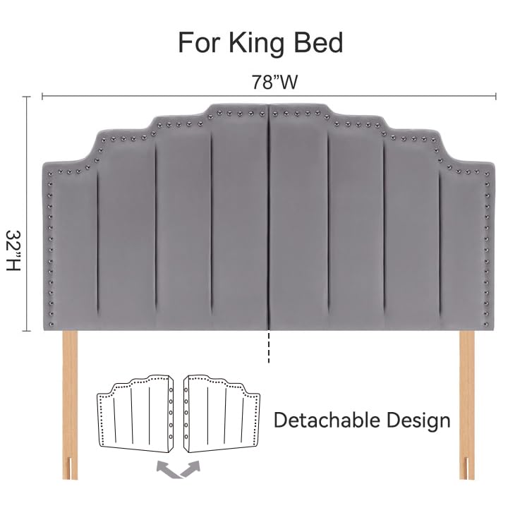 Grey Velvet Upholstered Tufted Headboard for King Size Bed H922308