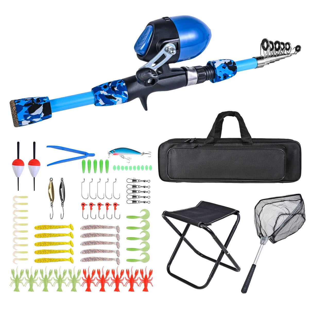 Kids Fishing Rod and Reel Combo with Collapsible Stool, Landing Net, and Tackle Box N177