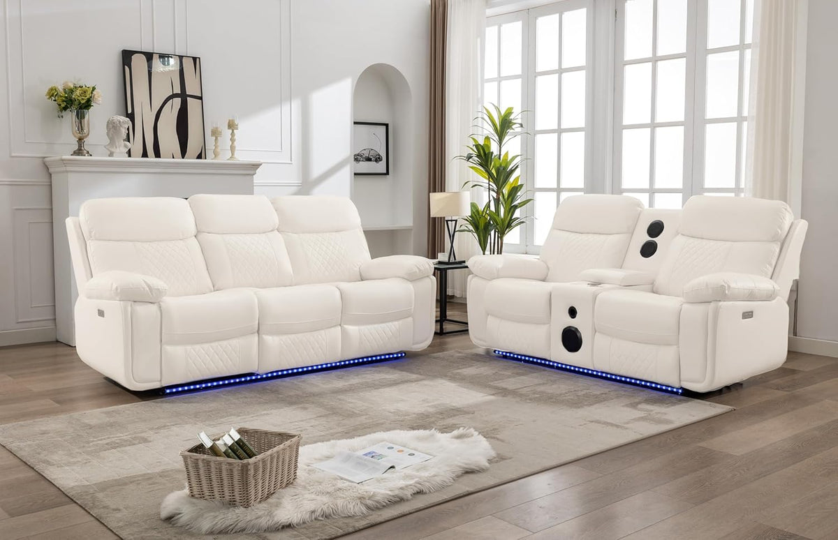 Cream Leather 3 Seater Reclining Sofa and Loveseat Set with Console P701