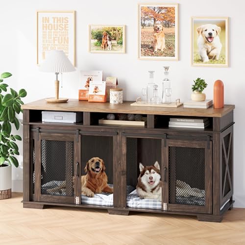 Brown Wooden Dog Crate with 3 Storages and Removable Divider C568