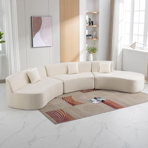 Beige Chenille Curved Sofa Sectional with Three Throw Pillows A457