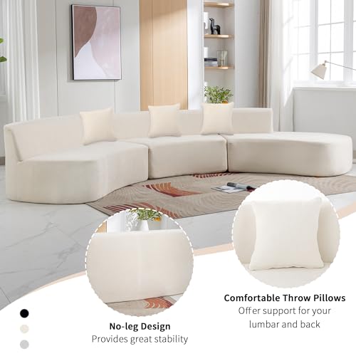 Beige Chenille Curved Sofa Sectional with Three Throw Pillows A457