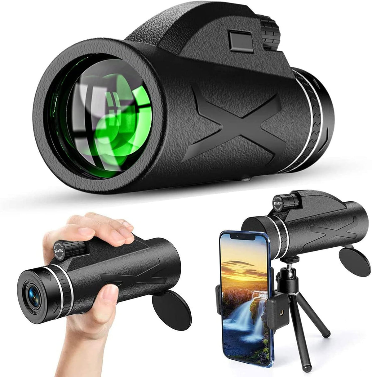 80X100 High Power Compact Monocular Telescope with Smartphone Holder & Tripod H758784
