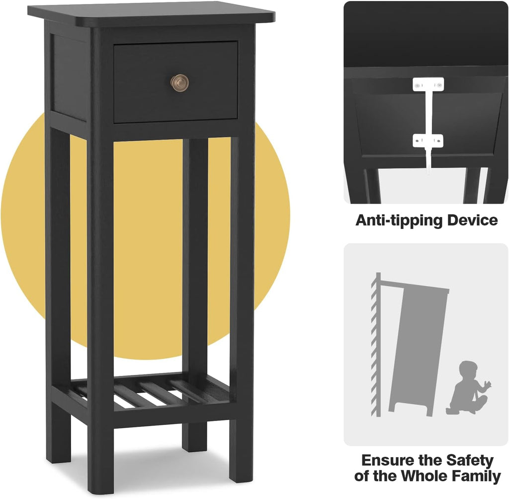 Black Narrow End Table Set of 2 with Drawer & Shelf N3581