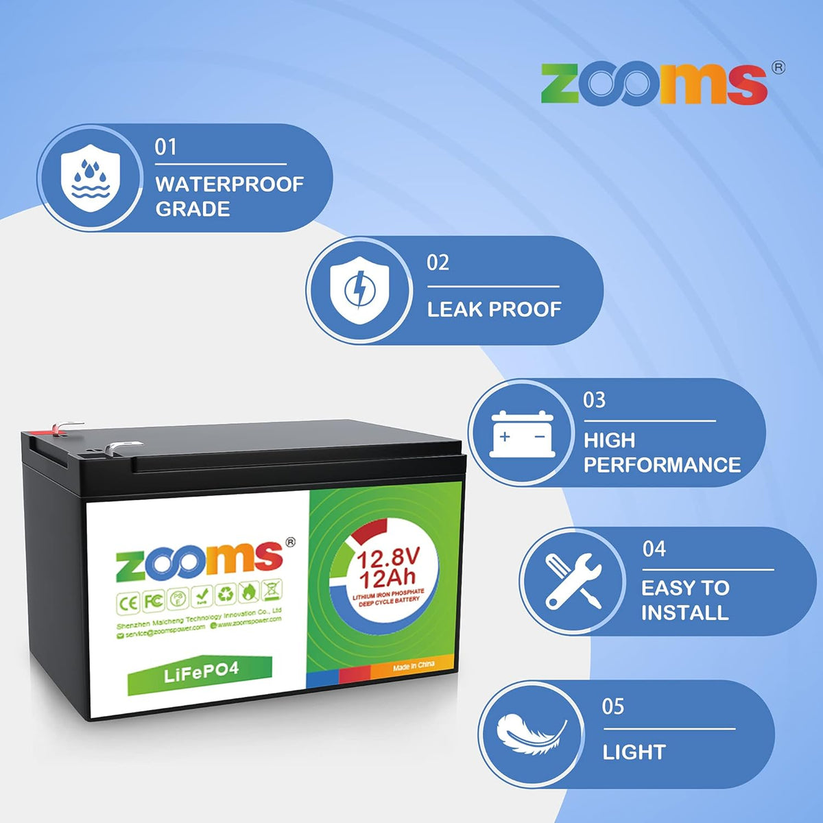 12.8V 12Ah LiFePO4 Deep Cycle Rechargeable Battery, Pack of 2 N3517