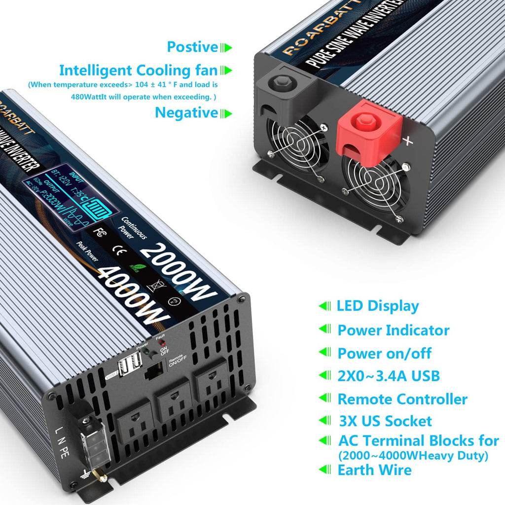 1000 Watt 12V DC to 110V AC Power Inverter with 2 AC Outlets and USB Port P6248