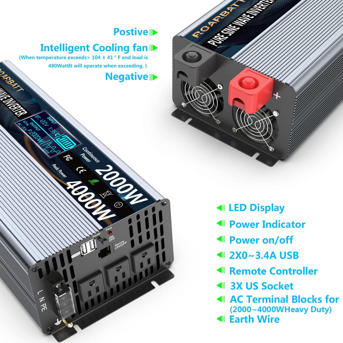 1000 Watt 12V DC to 110V AC Power Inverter with 2 AC Outlets and USB Port P6248