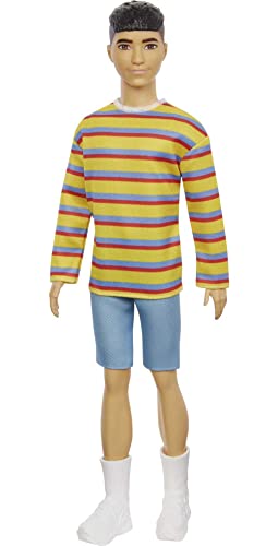 Barbie Ken Fashionistas Doll with Brunette Hair in Striped Shirt, Denim Shorts and White Boots B15901