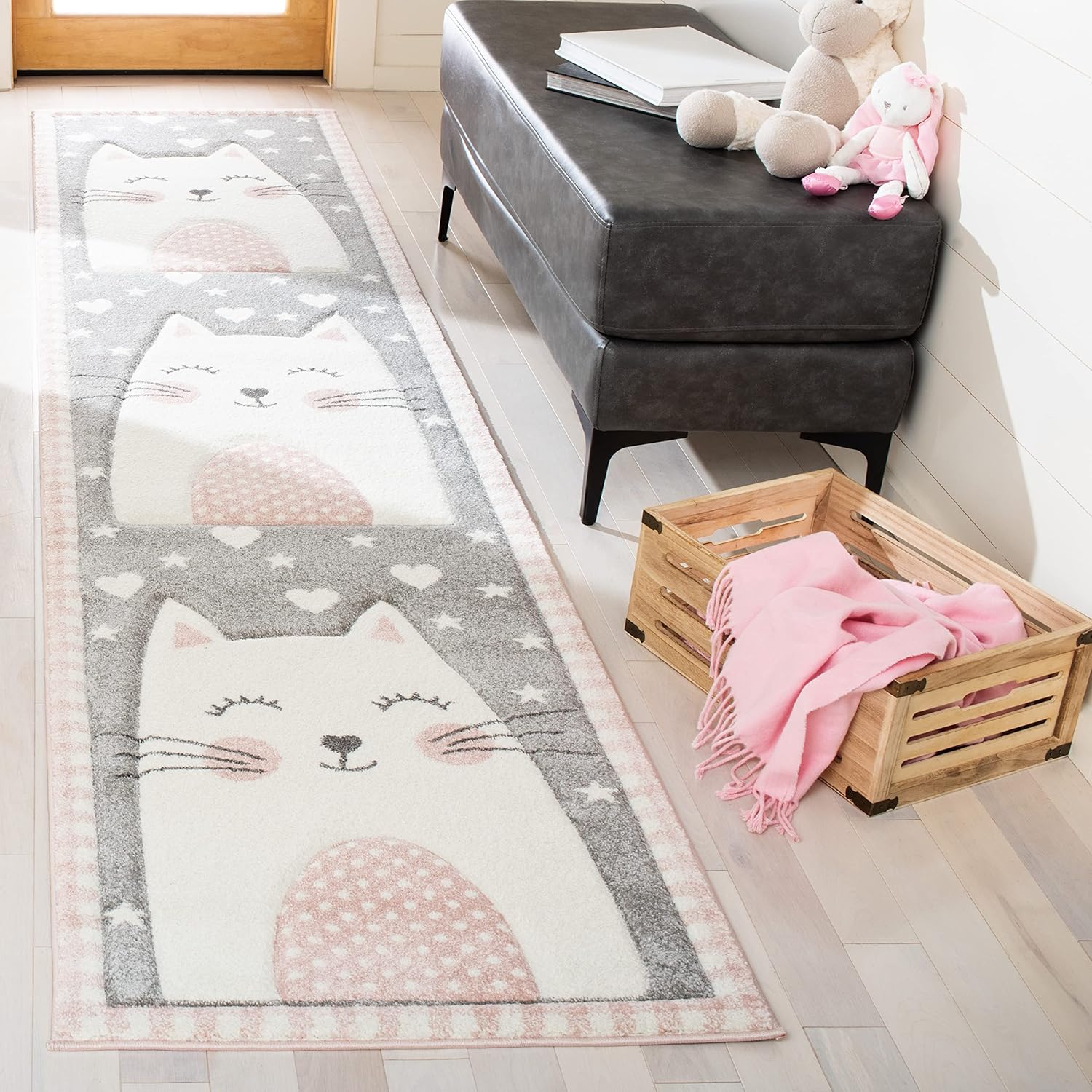 Pink & Grey Cat Design Runner Rug J278