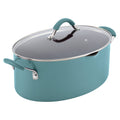 Hard Enamel Nonstick 8-Quart Covered Oval Pasta Pot with Pour Spout, Agave Blue G3209