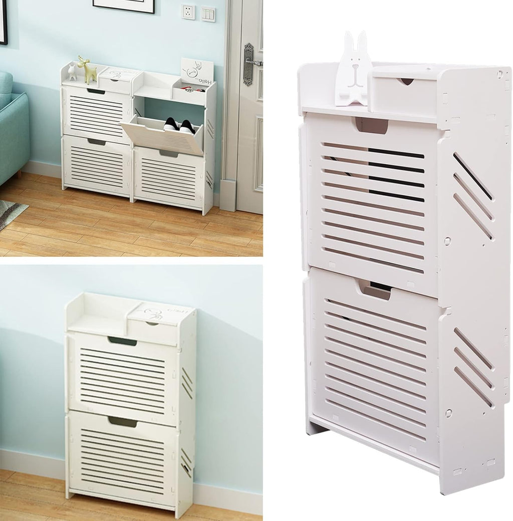 White 2 Tier Narrow Shoe Cabinet H718