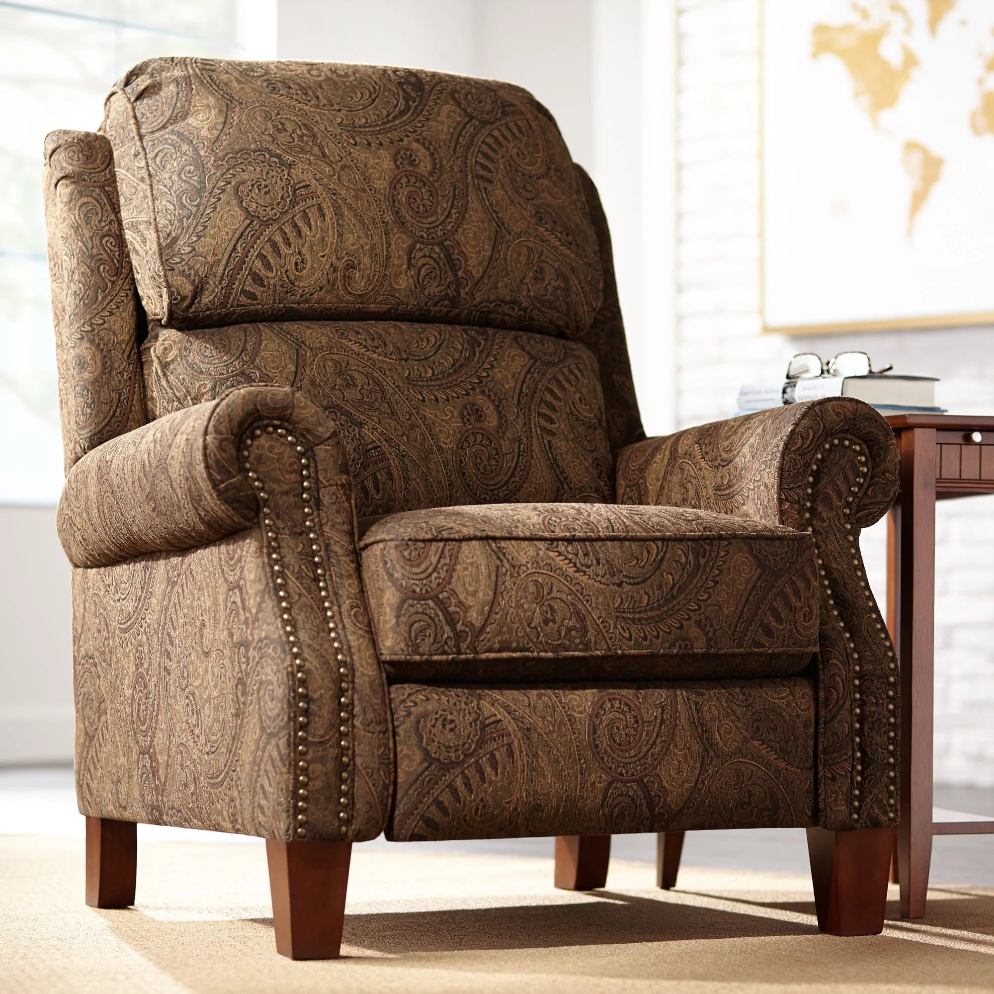 Warm Brown Paisley Patterned Fabric Recliner Chair X94940