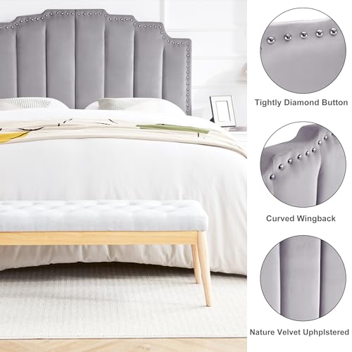 Grey Velvet Upholstered Tufted Headboard for King Size Bed H922308