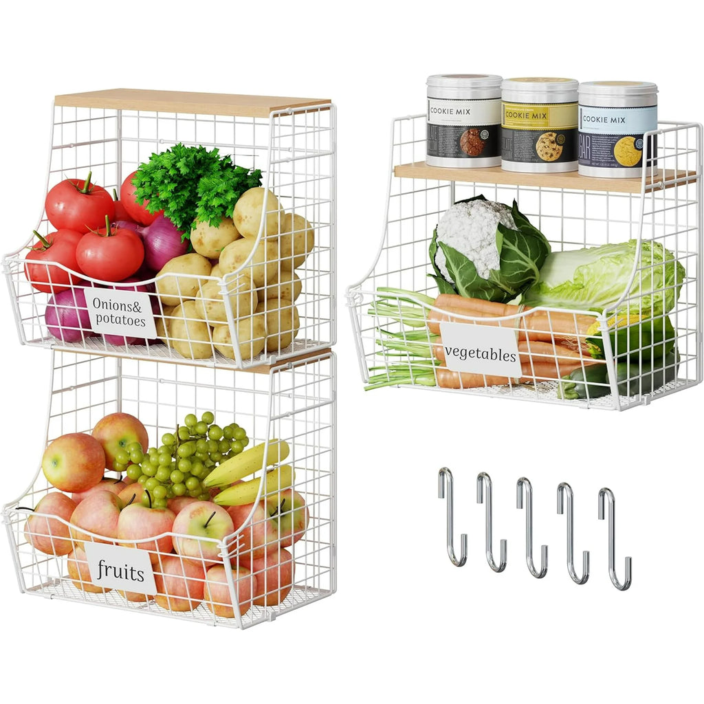 3 Pack Hanging Wire Basket with Wood Lid & S Hook U5548