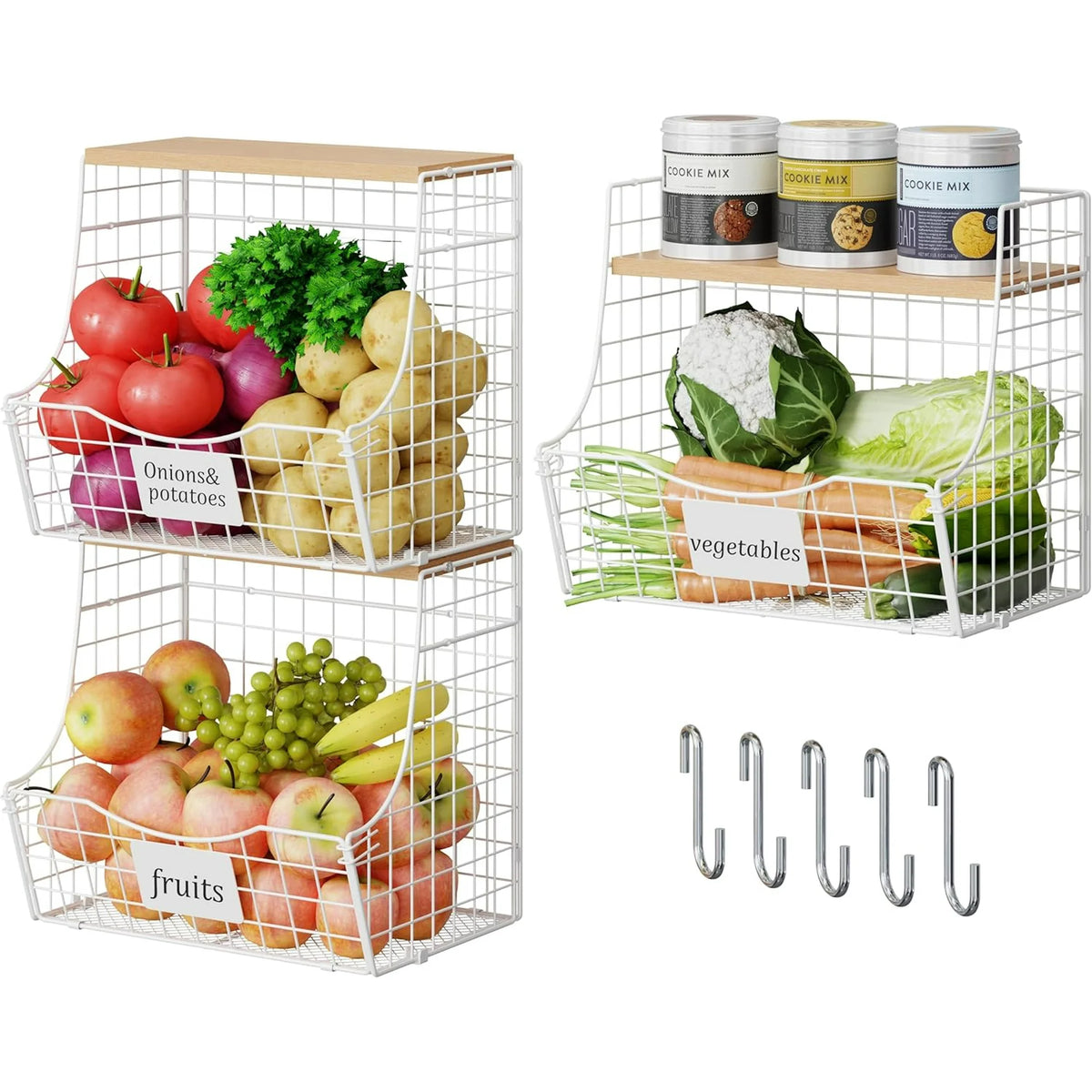 3 Pack Hanging Wire Basket with Wood Lid & S Hook U5548