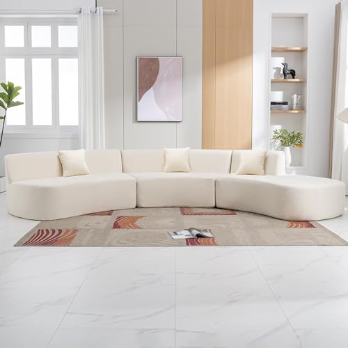 Beige Chenille Curved Sofa Sectional with Three Throw Pillows A457