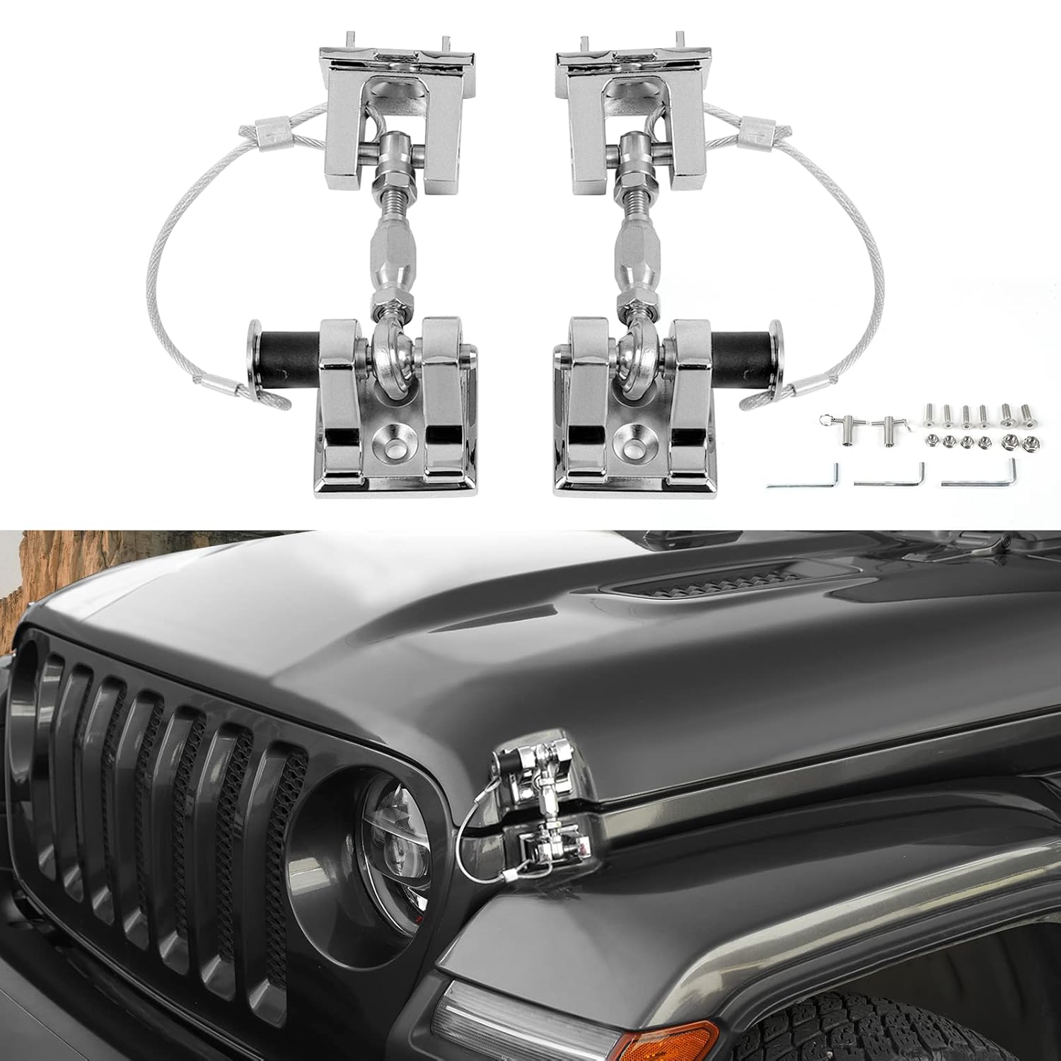 Hood Latches for Jeep Wrangler JL JT, Aluminum Alloy, Chrome, Pack of 2 D2991