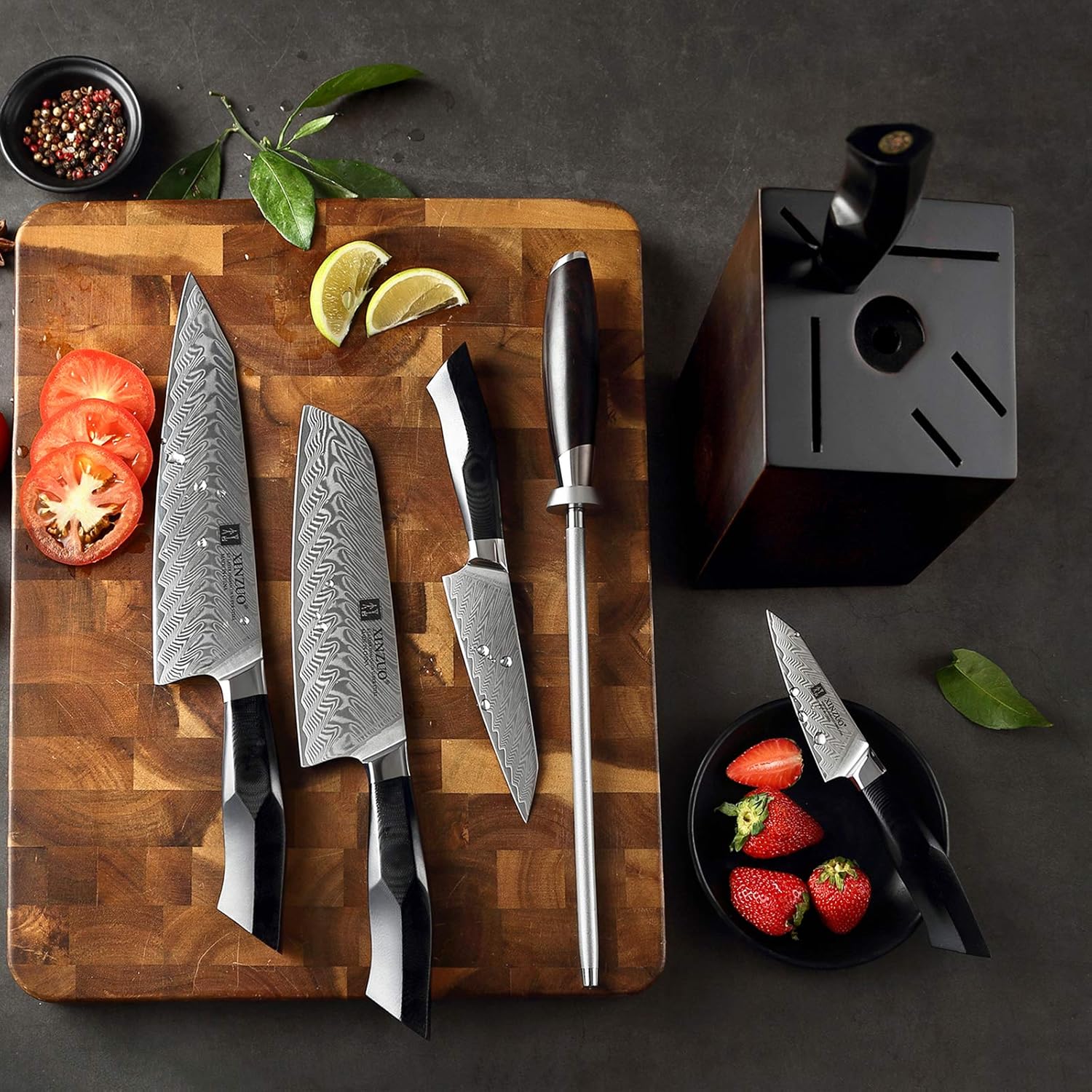 Damascus Steel 7-Piece Kitchen Knife Set with Wooden Block and Honing Steel B4345