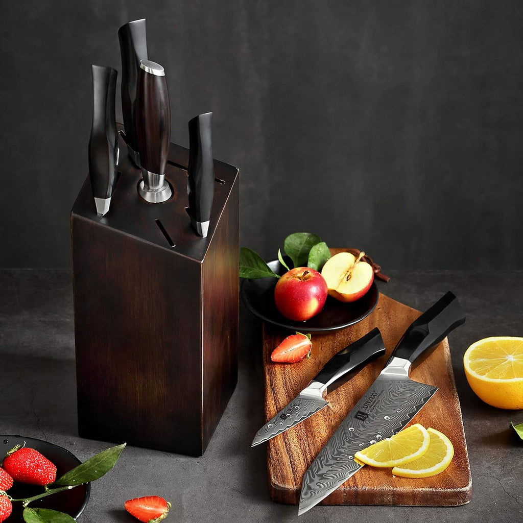 Damascus Steel 7-Piece Kitchen Knife Set with Wooden Block and Honing Steel B4345