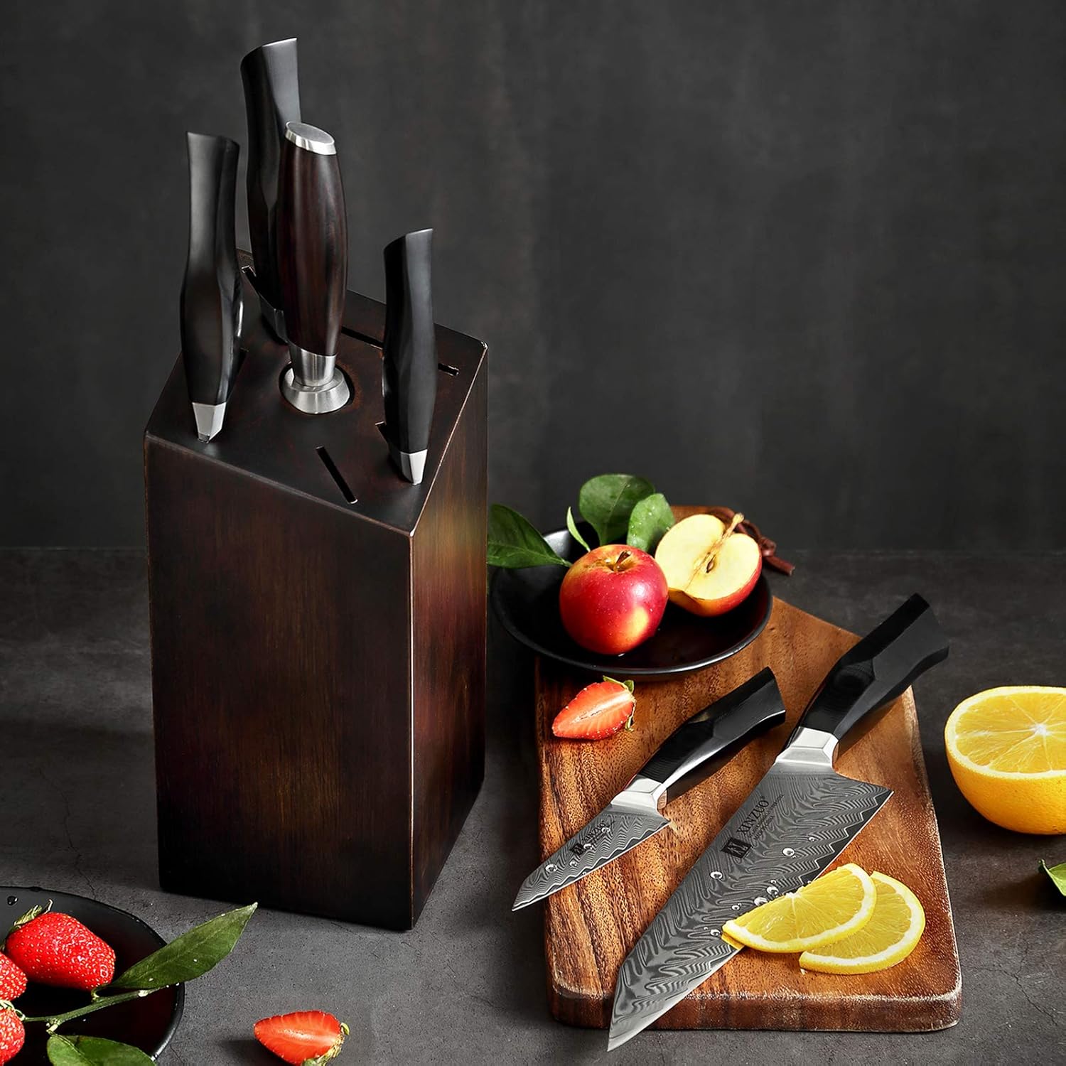 Damascus Steel 7-Piece Kitchen Knife Set with Wooden Block and Honing Steel B4345