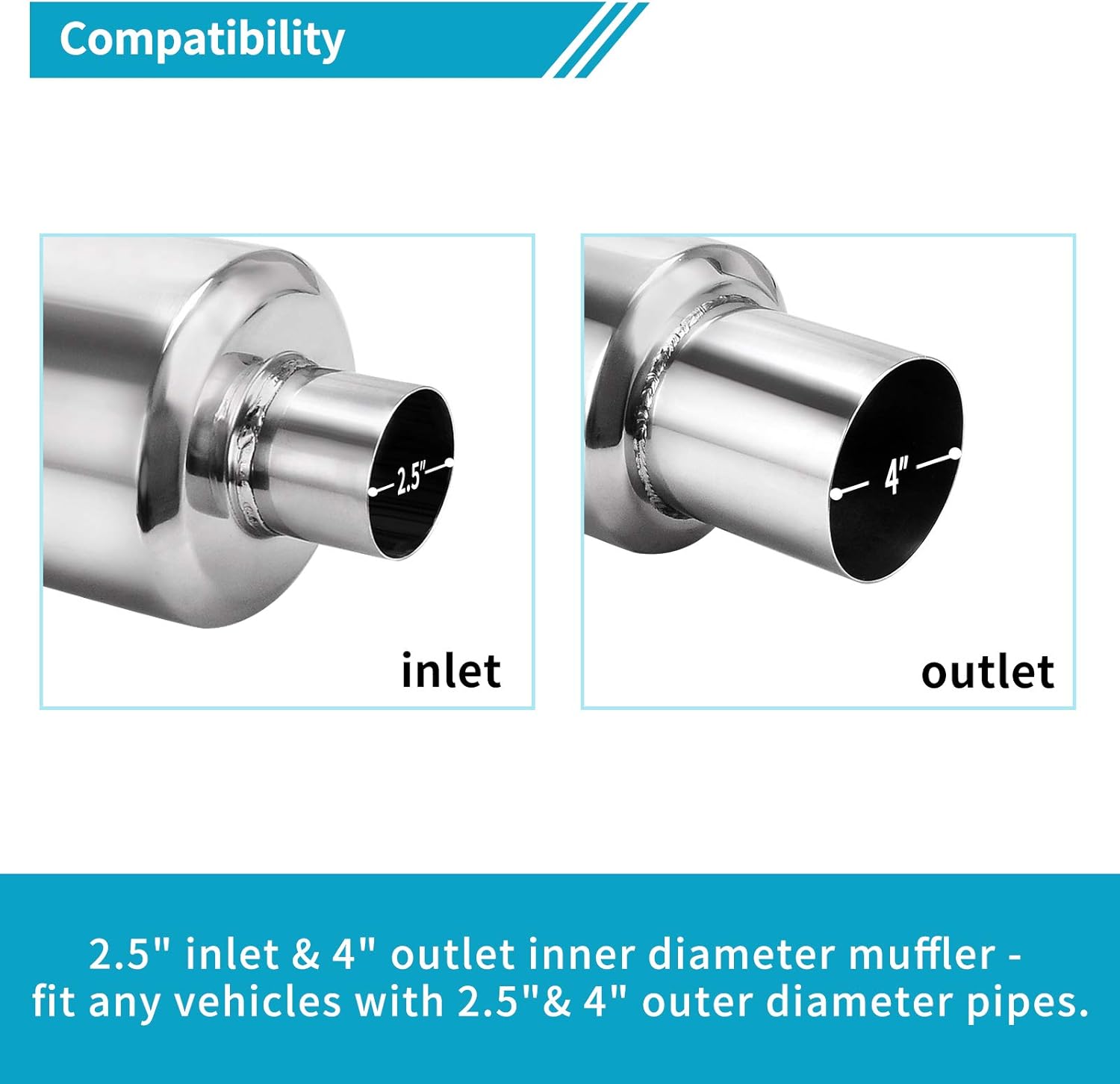 2.5" Inlet 4" Outlet Stainless Steel Muffler, 21.5" Overall Length, Pack of 2 C3506