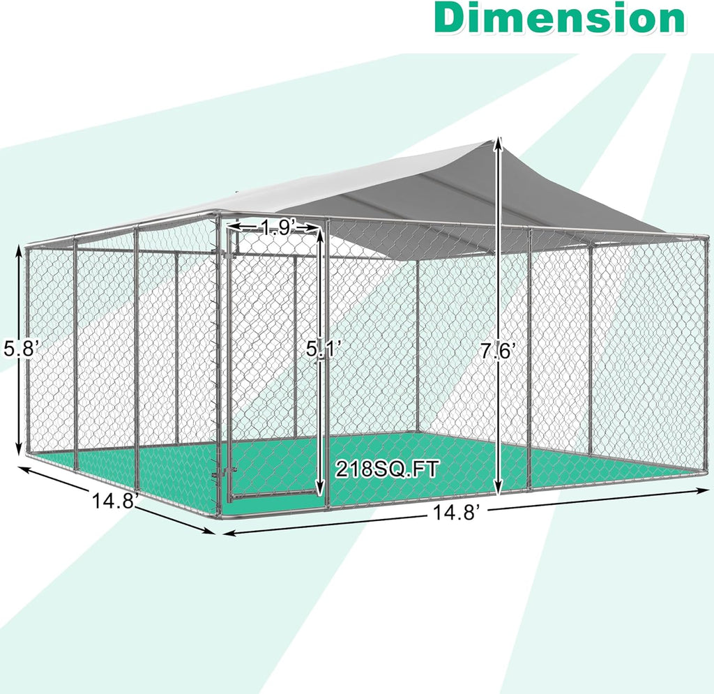 Large Outdoor Dog Kennel with Roof, Chain Link Enclosure, Galvanized Steel, 177.6 x 177.6 x 91.2 Inch O1039