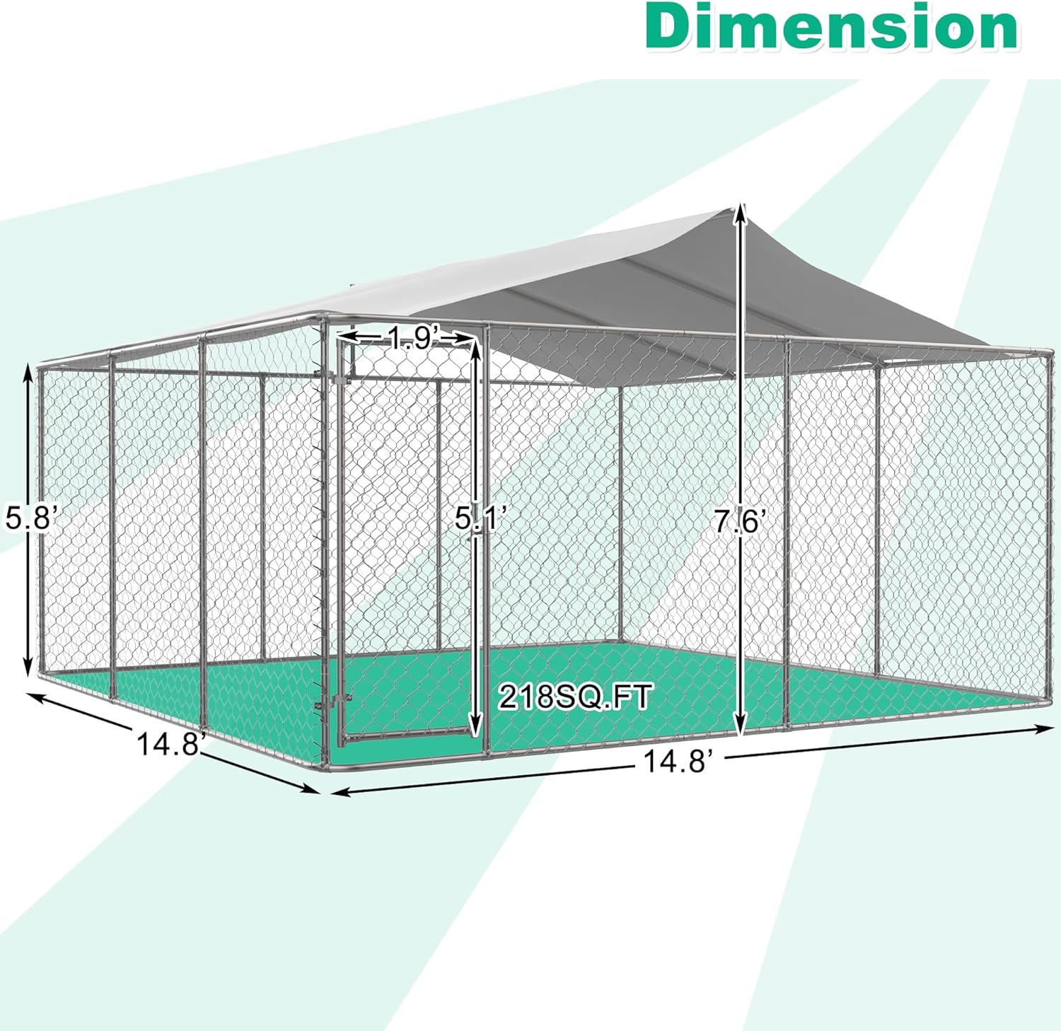 Large Outdoor Dog Kennel with Roof, Chain Link Enclosure, Galvanized Steel, 177.6 x 177.6 x 91.2 Inch O1039