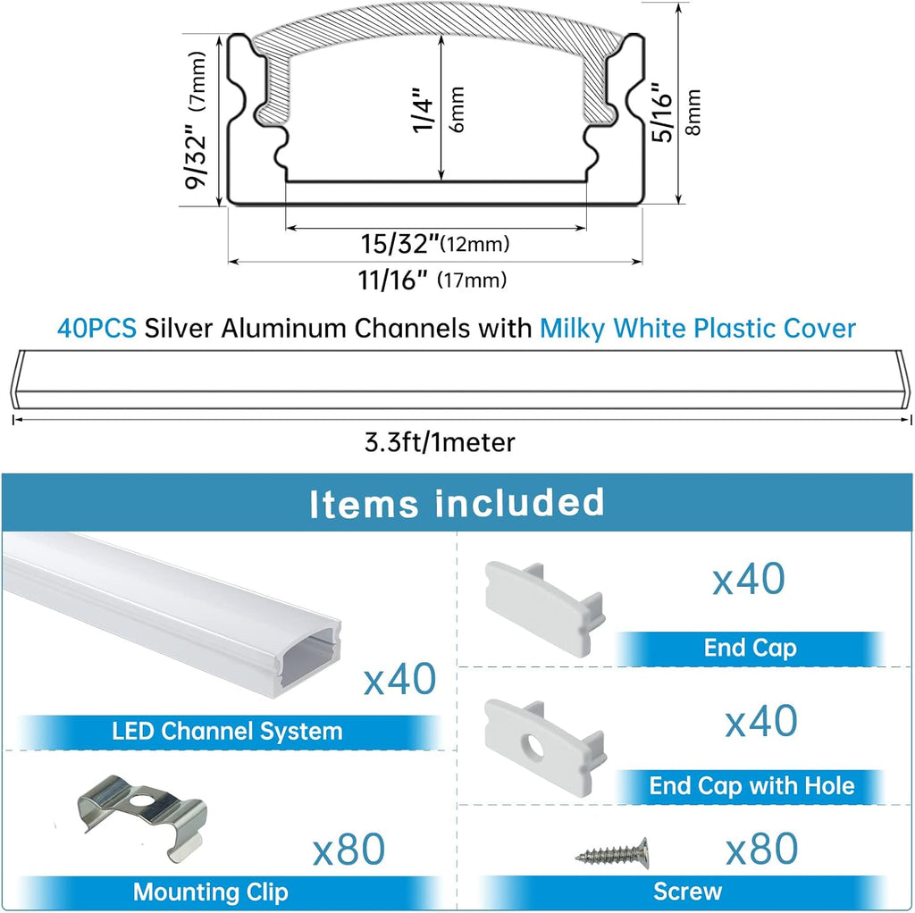 40Pack 3.3FT LED Channel System with Milky White Cover Lens, Silver Aluminum Extrusion Profile Housing Track Z408529