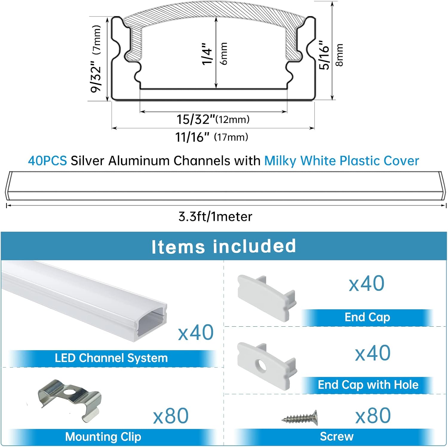 40Pack 3.3FT LED Channel System with Milky White Cover Lens, Silver Aluminum Extrusion Profile Housing Track Z408529