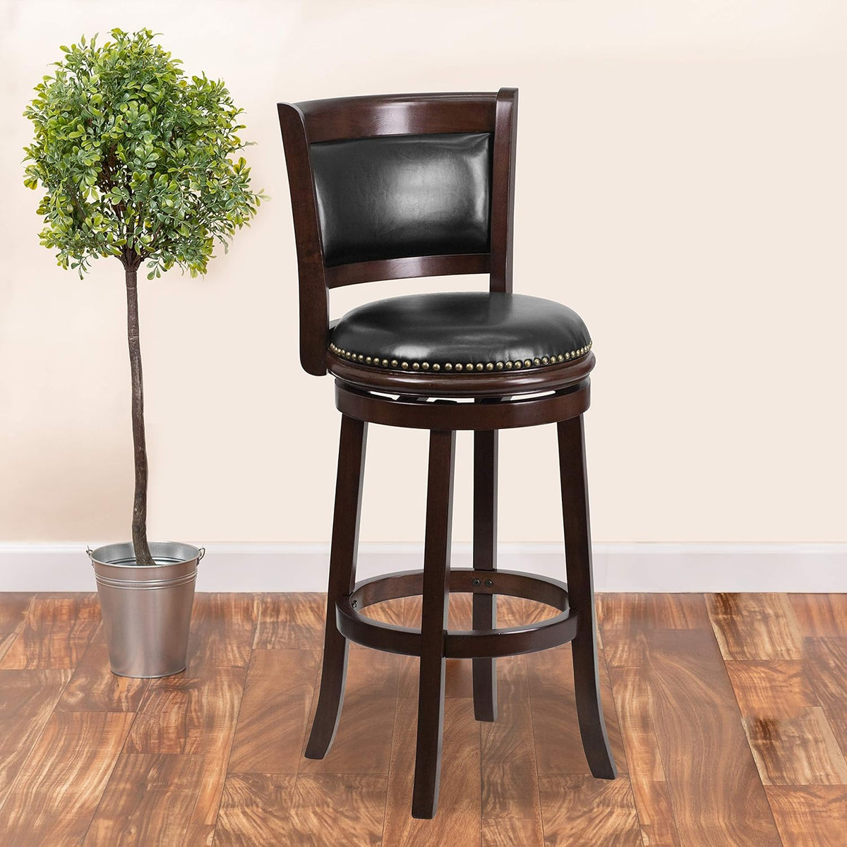 Cappuccino Wood Barstool with Panel Back and Black LeatherSoft Swivel Seat B322028
