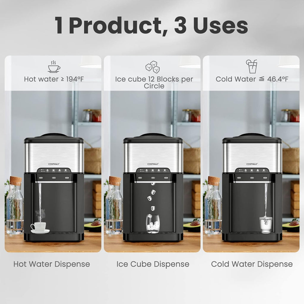Water Dispenser with Ice Maker, 3-in-1 Countertop Top-Loading Hot Cold Water Cooler Machine, 48Lbs/24H, 12 Cubes, 4Lbs Storage Basket P303141