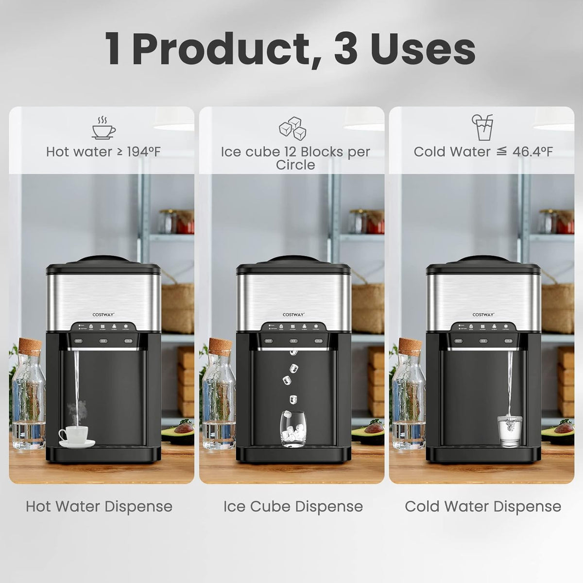 Water Dispenser with Ice Maker, 3-in-1 Countertop Top-Loading Hot Cold Water Cooler Machine, 48Lbs/24H, 12 Cubes, 4Lbs Storage Basket P303141