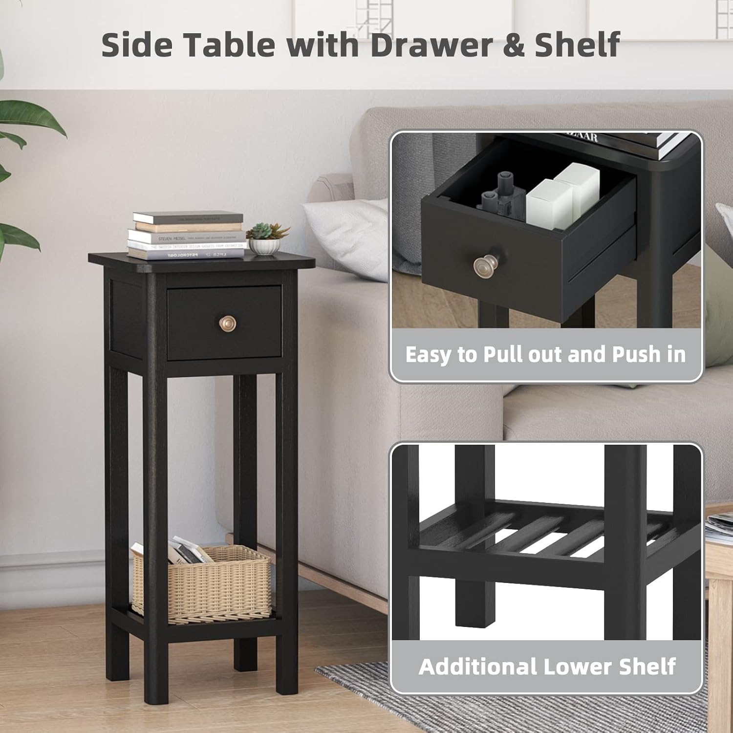 Black Narrow End Table Set of 2 with Drawer & Shelf N3581