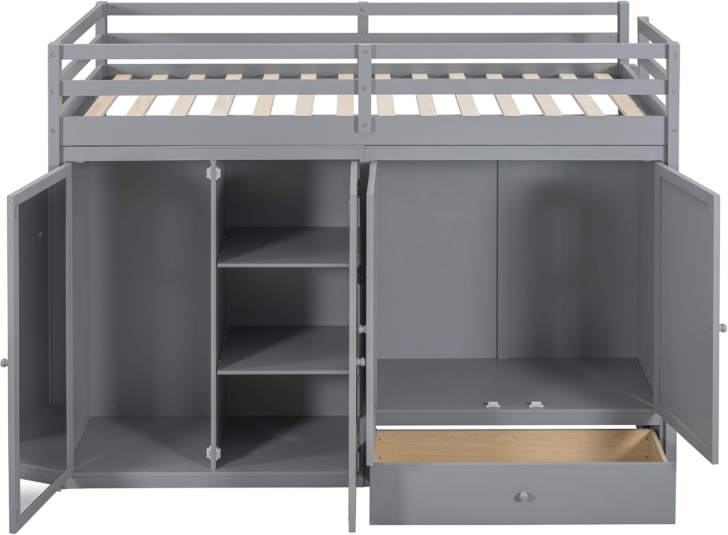 Gray Wood Twin Size Loft Bed with Storage Drawer and Two Wardrobes Q6968