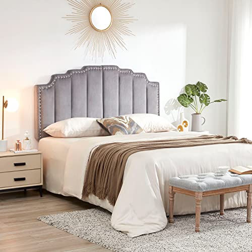 Grey Velvet Upholstered Tufted Headboard for King Size Bed H922308