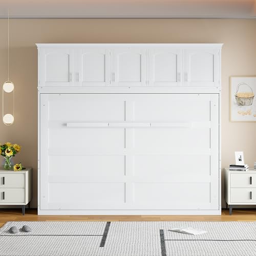 White Solid Wood Queen Murphy Bed with Cabinets D22943
