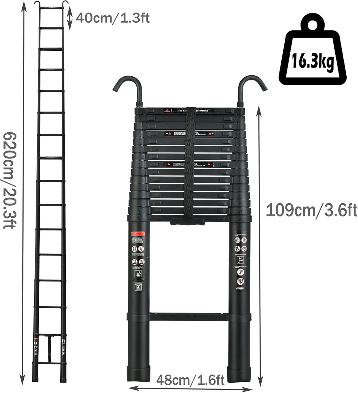 Compact 20FT Aluminum Telescoping Extension Ladder with 2 Detachable Roof Hooks P69725