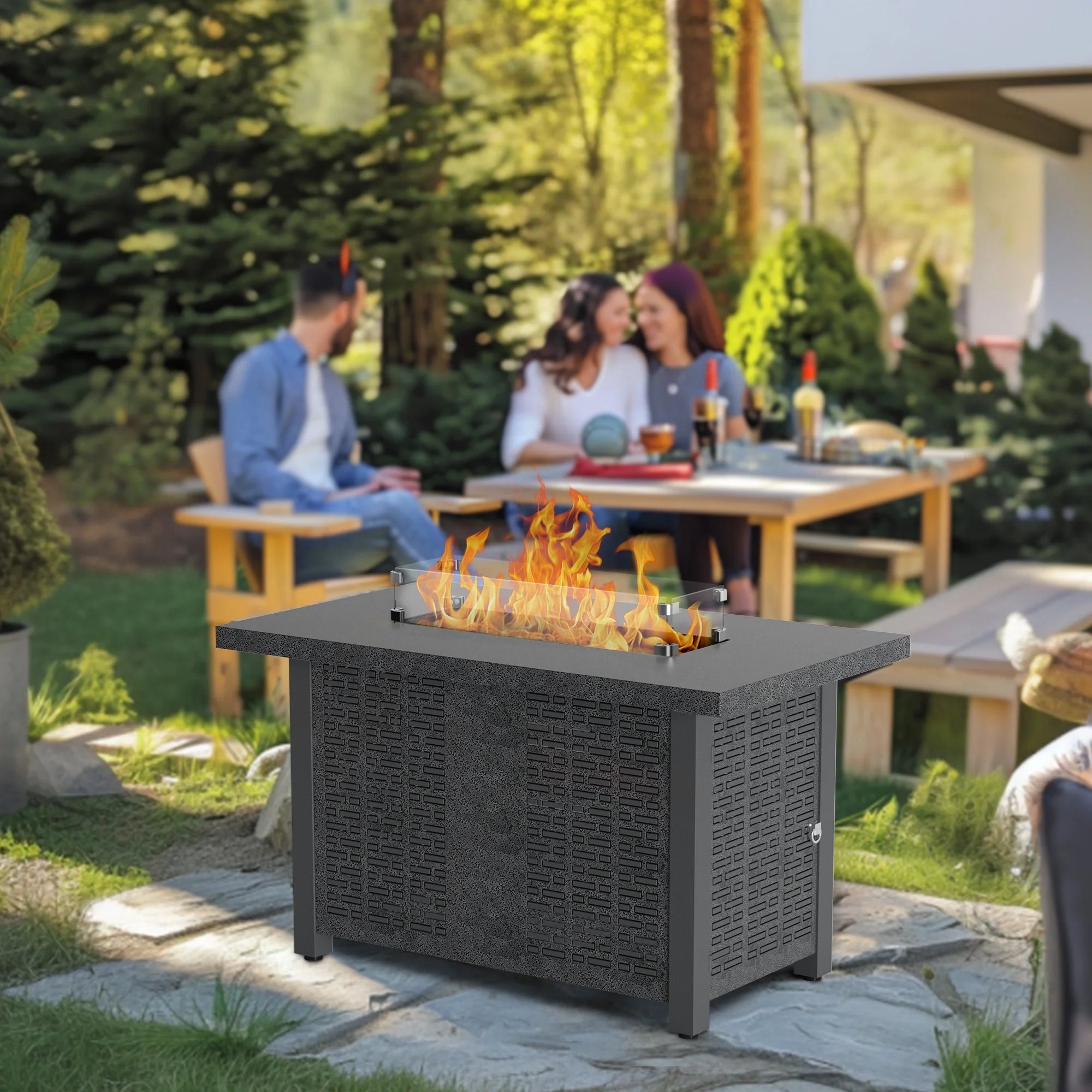 42 inch 50,000 BTU Rectangle Propane Gas Fire Pit Table with Lid, Glass Wind Guard, Waterproof Cover, Lava Rocks - Steel D570625
