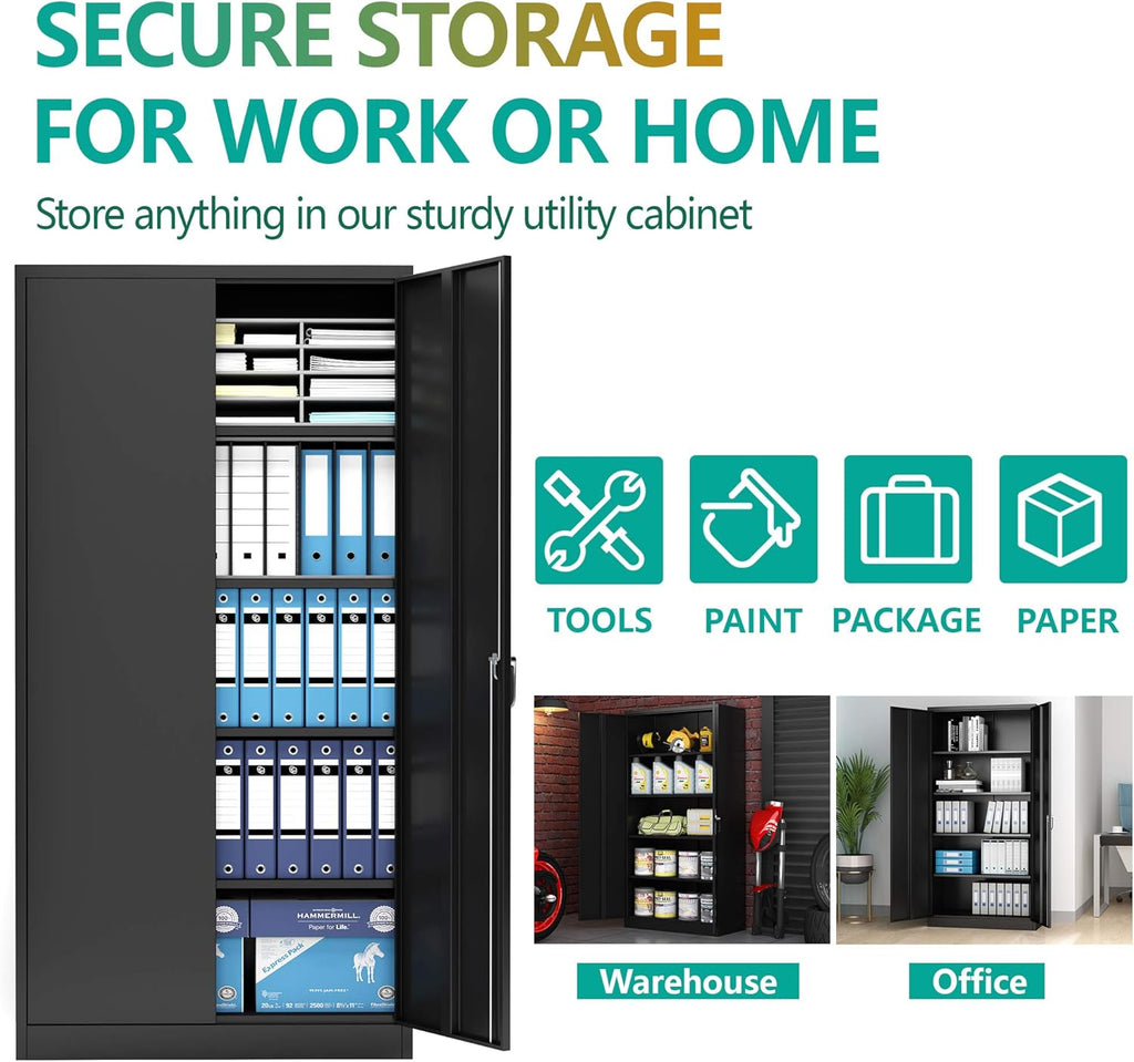 Black Steel Storage Cabinet with 2 Doors and 4 Adjustable Shelves C7761