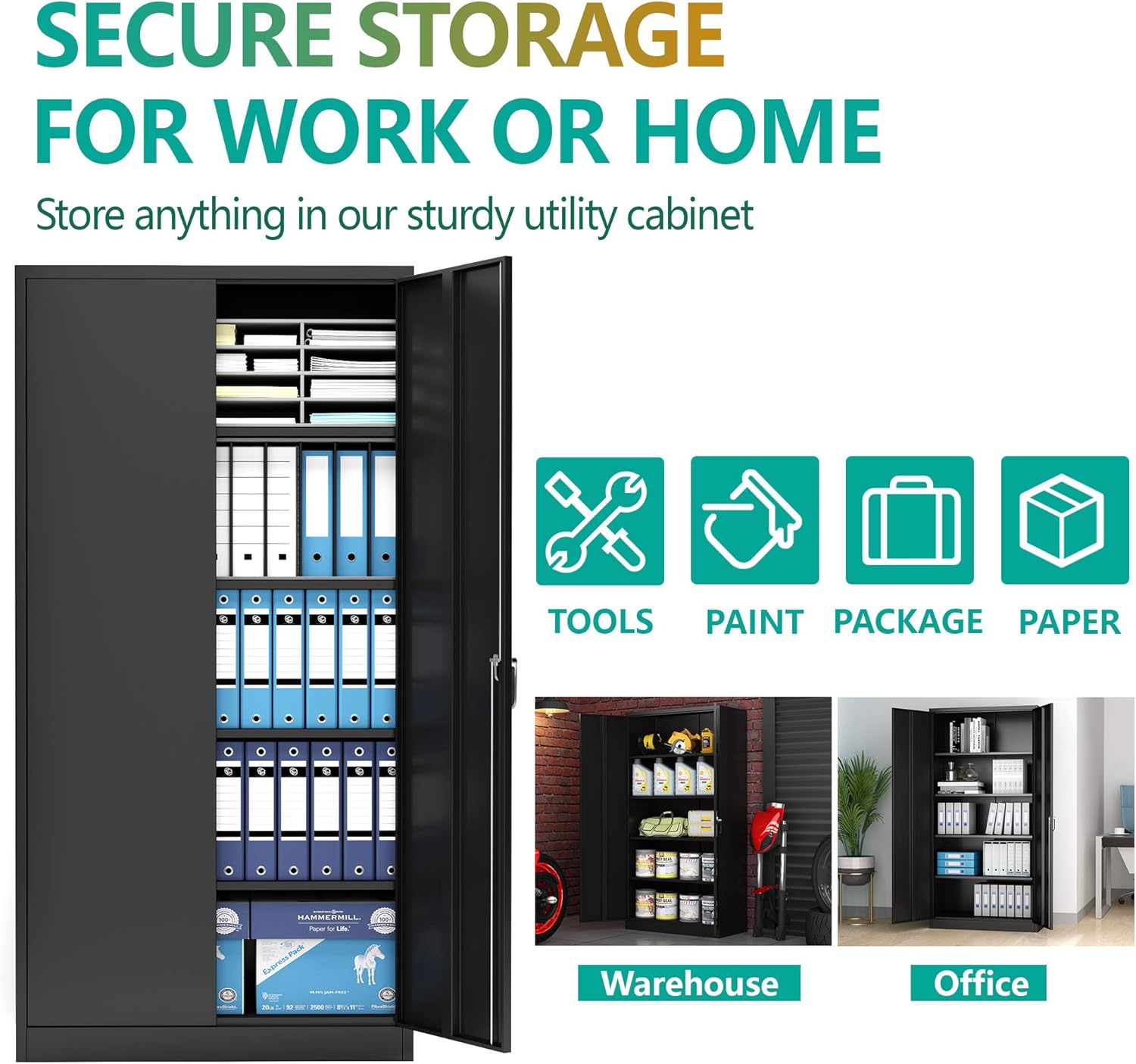 Black Steel Storage Cabinet with 2 Doors and 4 Adjustable Shelves C7761