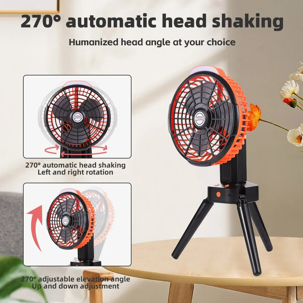 Camping Fan with LED Lantern, 270° Portable Rechargeable 8-Inch Desk Fan E50779