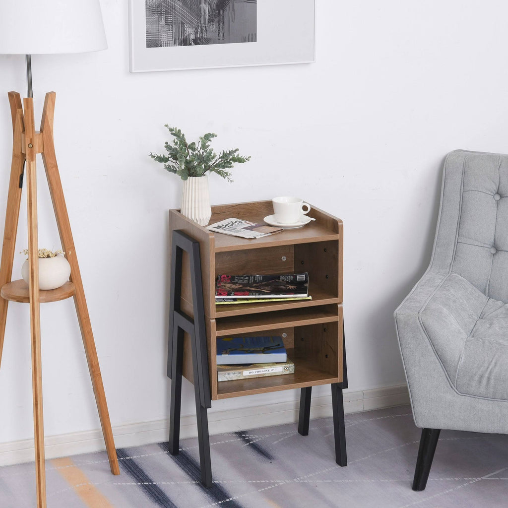 Industrial Set of 2 Stackable Side Tables with Solid Steel Frame Legs, Oak E864463